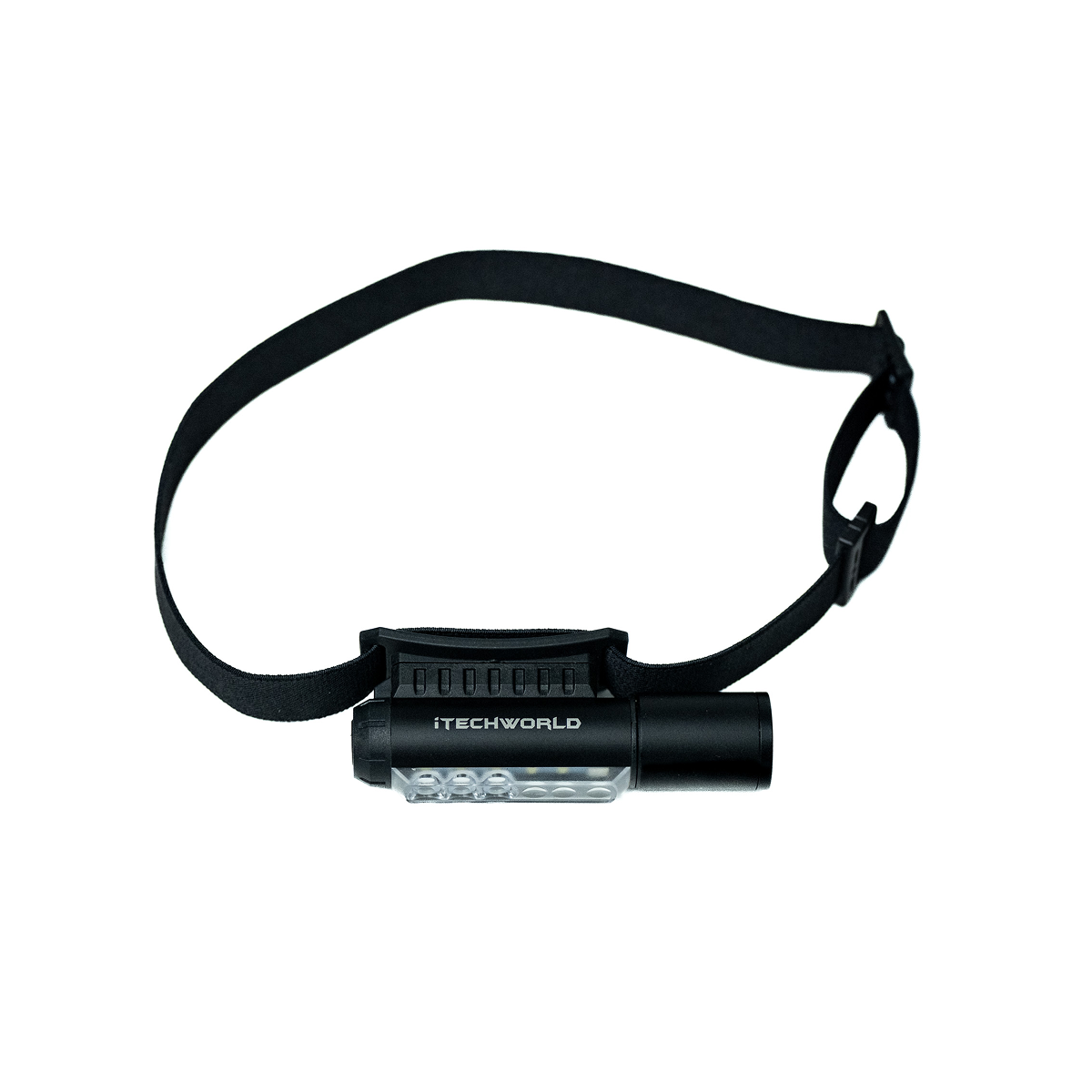 The iTechworld Magnetic Head Torch 450LM, featuring an adjustable elastic strap and cylindrical light, is shown in black on a white background.