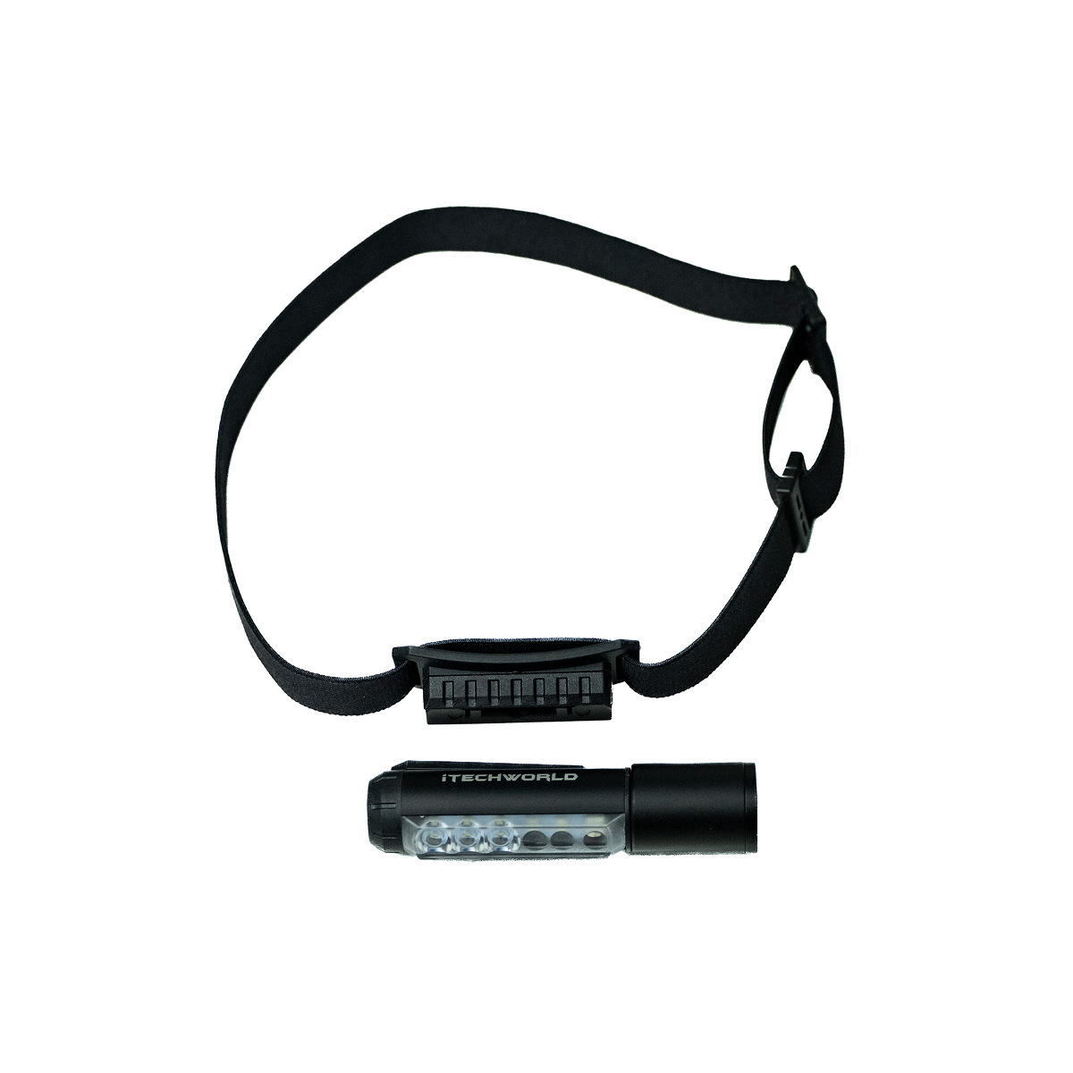 The iTechworld Magnetic Head Torch 450LM, a small black rechargeable flashlight with an adjustable head strap and mounting bracket, offers ultra-bright hands-free lighting.