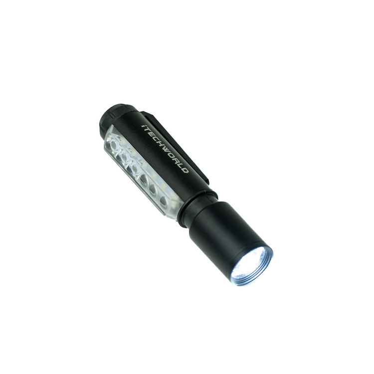 The iTechworld Magnetic Head Torch (450LM), a black rechargeable flashlight with the iTechworld logo, is switched on and emits an ultra-bright white beam against a plain white background.