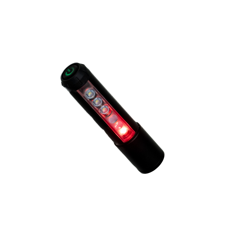 The iTechworld Magnetic Head Torch 450LM is a black cylindrical rechargeable LED flashlight with a green power button and one red LED illuminated, shown isolated on a white background.