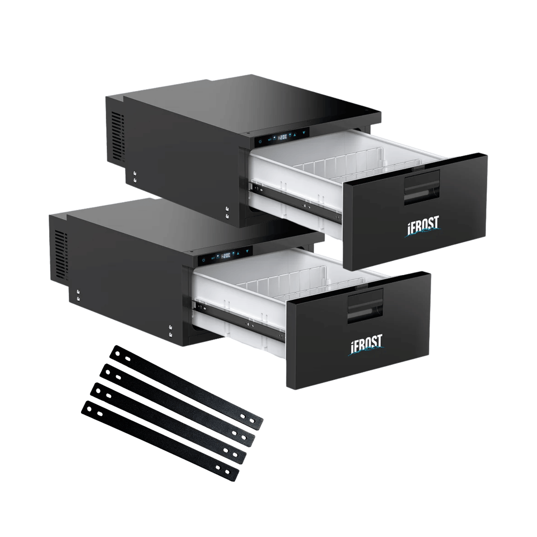 Two black iTechworld iFROST 31L Drawer Fridge Freezers are stacked, each with a partially open white interior drawer. Four mounting brackets from the included stacking kit are shown in front. "IFROST" is printed on each drawer front.