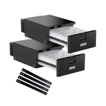 Two black iTechworld iFROST 31L Drawer Fridge Freezers are stacked, each with a partially open white interior drawer. Four mounting brackets from the included stacking kit are shown in front. "IFROST" is printed on each drawer front.