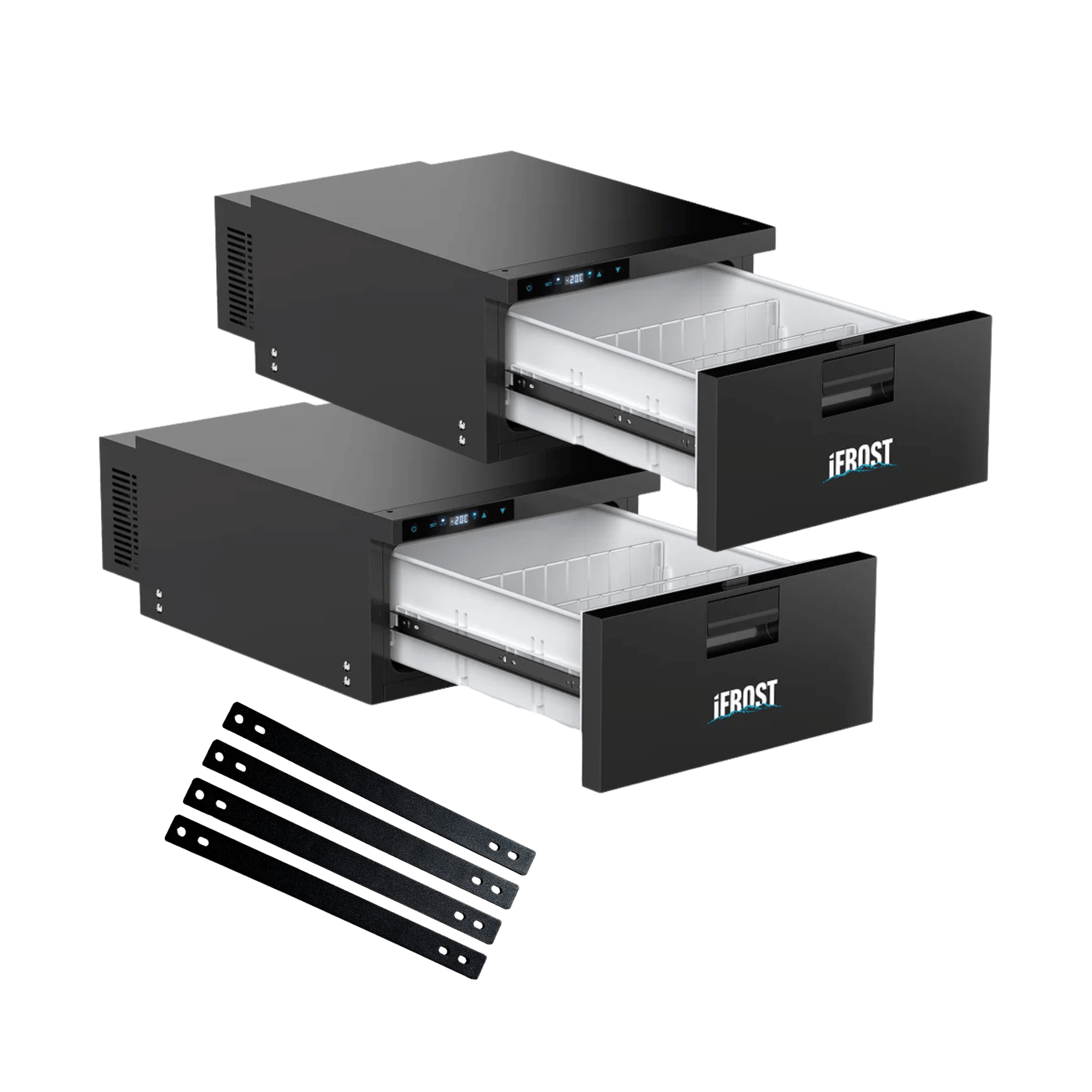 Two black iTechworld iFROST 31L Drawer Fridge Freezers are stacked, each with a partially open white interior drawer. Four mounting brackets from the included stacking kit are shown in front. "IFROST" is printed on each drawer front.