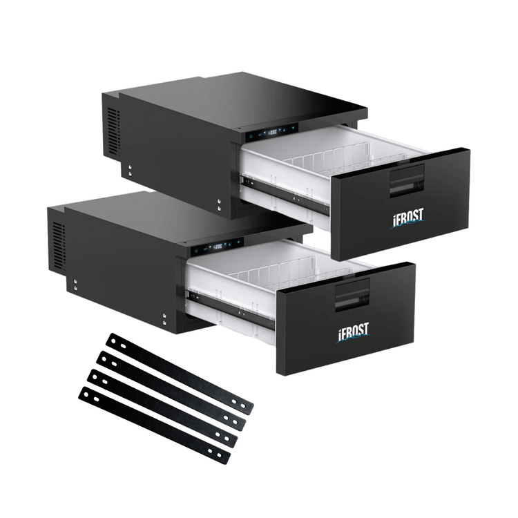 Two black iTechworld iFROST 31L Drawer Fridge Freezers are stacked, each with a partially open white interior drawer. Four mounting brackets from the included stacking kit are shown in front. "IFROST" is printed on each drawer front.