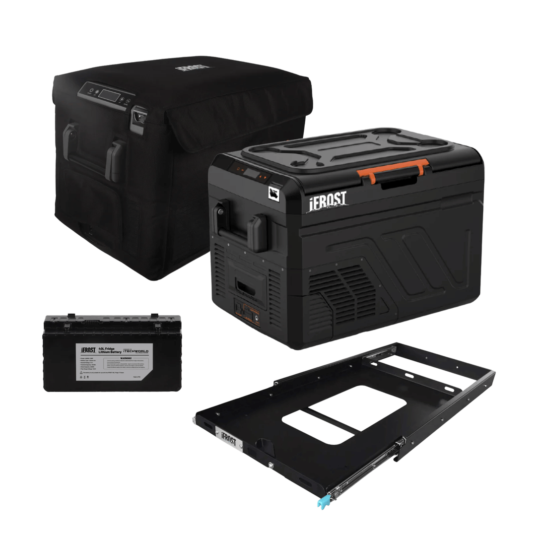 The iTechworld iFROST 40L Fridge Freezer set includes a fridge slide, protective cover, and 20AH rechargeable battery, all displayed on a white background.