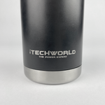 A close-up of a black iTechworld 375mL Can Cooler made of insulated stainless steel with a metal base. "iTECHWORLD THE POWER EXPERT" is printed in white on the cooler.