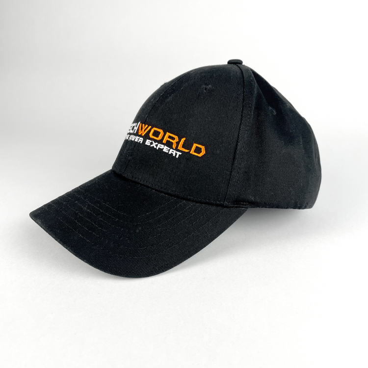 The iTechworld Embroidered Hat is a black cotton cap with orange and white "NEW WORLD POWER EXPERT" text, adjustable strap for custom fit, displayed on a plain white background.