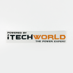 A white, UV-resistant iTechworld sticker (S/M/L) featuring "POWERED BY iTECHWORLD THE POWER EXPERT" in bold black and orange block letters.