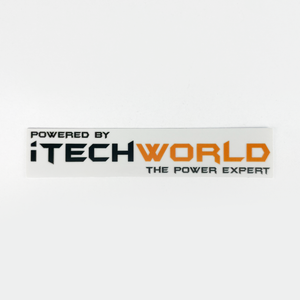 A white, UV-resistant iTechworld sticker (S/M/L) featuring "POWERED BY iTECHWORLD THE POWER EXPERT" in bold black and orange block letters.