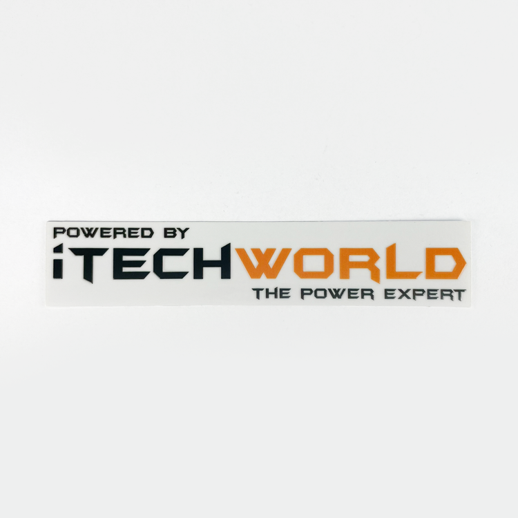A white, UV-resistant iTechworld sticker (S/M/L) featuring "POWERED BY iTECHWORLD THE POWER EXPERT" in bold black and orange block letters.
