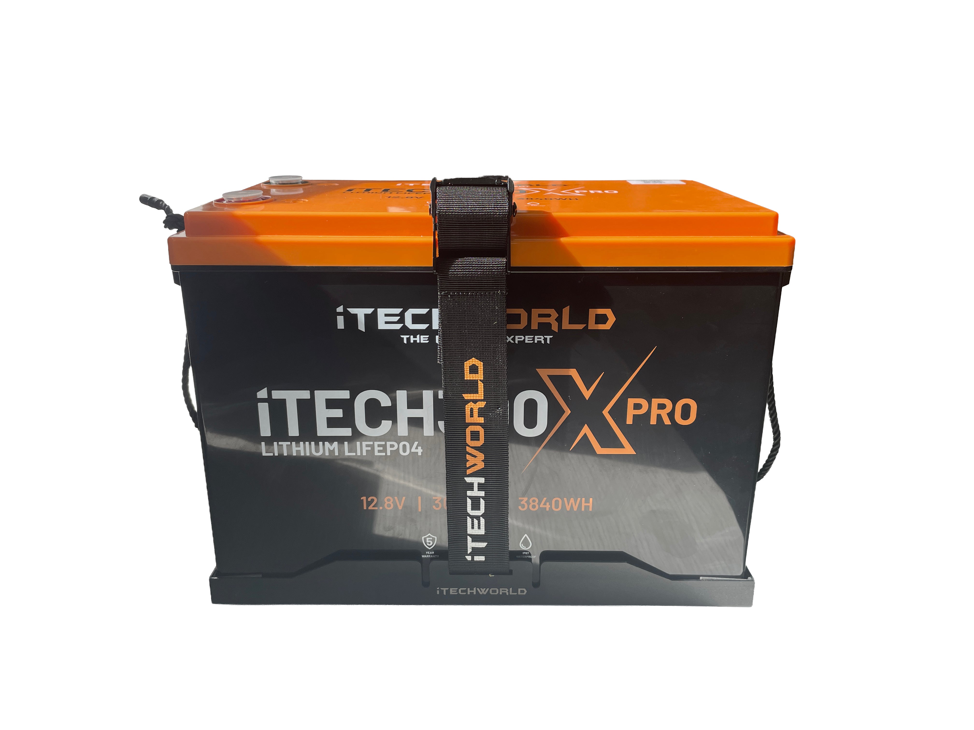 Rectangular iTechworld 300X PRO Battery Tray compatible lithium battery with an orange top, black casing, and a central carry strap.