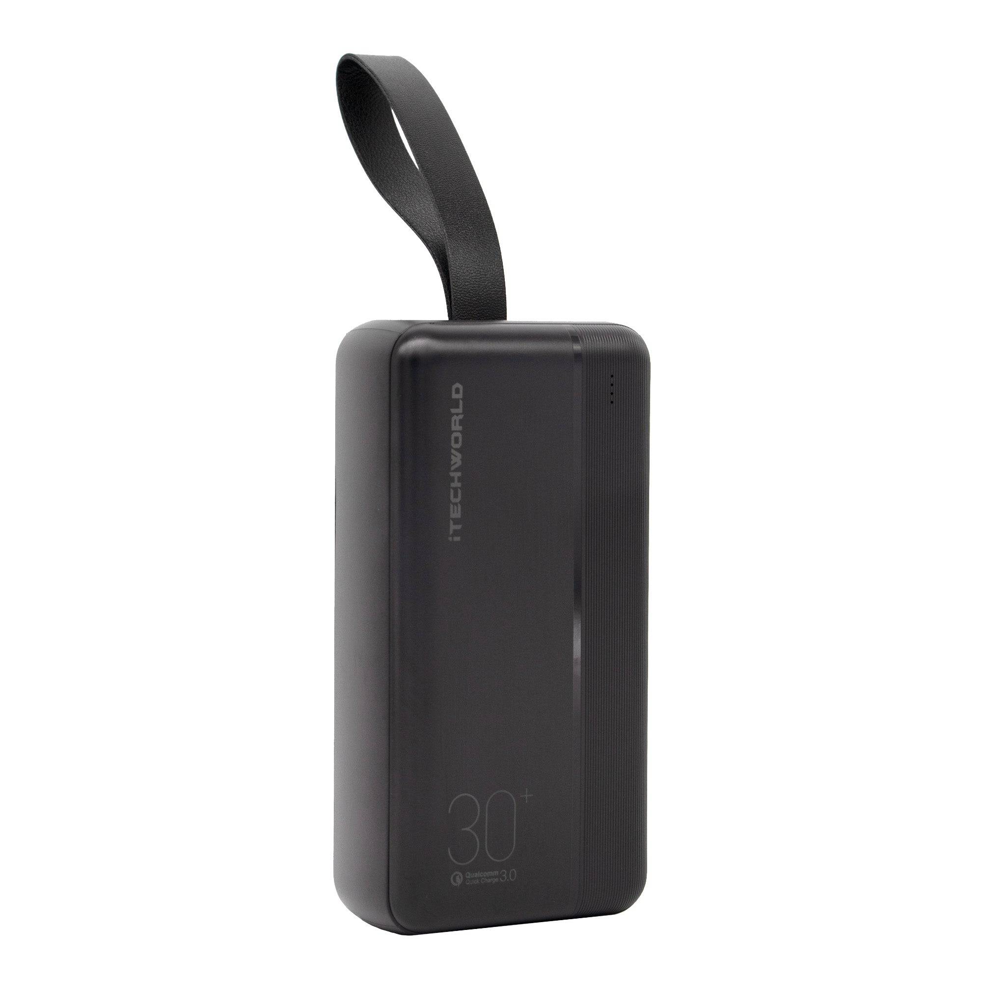 The iTechworld 🎁 iTECH30KPD Power Bank (27,000mAh, PD & QC 3.0) in black with a strap is shown upright on a white background—ideal for your next 100% off BOGO Bundle or Free Gift from BOGOS.io.
