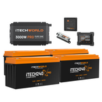The iTechworld Off Grid System 12.28kWh is shown with sleek black and orange components, including three lithium batteries, a 3000W pure sine wave inverter, battery monitor, DC-DC charger, and accessory against a white background.