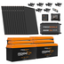 The iTechworld Off Grid System (18.43kWh) is a complete 12V solar kit with eight large panels, four orange-black lithium batteries, power inverter, charge controller, fuse box, cables, connectors, and installation accessories.