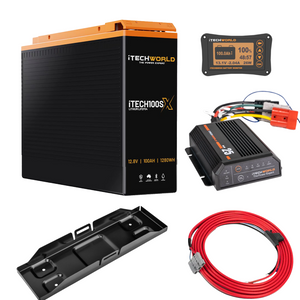 The iTechworld Slimline 4WD Dual Battery Kit (100Ah Lithium) in black and orange includes a display screen, charger, mounting tray, and red power cable—perfect for off-grid energy—shown on a white background.