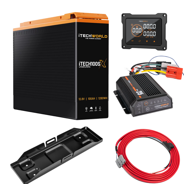 The iTechworld Slimline 4WD Dual Battery Kit (100Ah Lithium) in black and orange includes a display screen, charger, mounting tray, and red power cable—perfect for off-grid energy—shown on a white background.