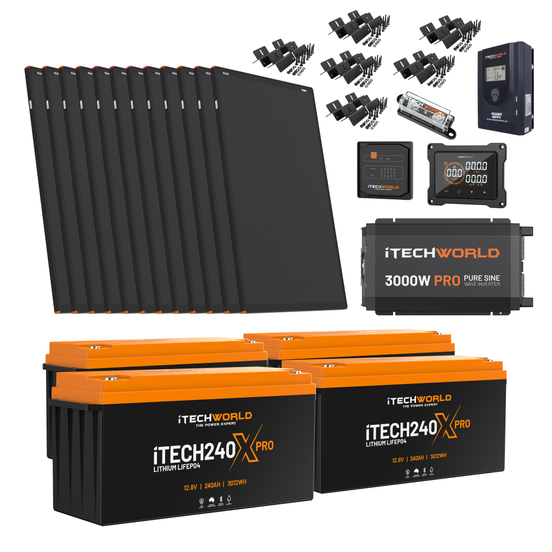 The iTechworld Off Grid System 12.28kWh is a comprehensive solar panel kit from iTechworld, featuring multiple solar panels, several iTech240X Pro lithium batteries, a robust 3000W inverter, a control panel, charging equipment, and all necessary cables and connectors—ideal for reliable off grid solar power solutions.