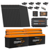 The iTechworld Off Grid System (18.43kWh) is a complete 12V solar kit with eight large panels, four orange-black lithium batteries, power inverter, charge controller, fuse box, cables, connectors, and installation accessories.