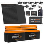The iTechworld Off Grid System | 18.43kWh is a complete lithium power solution featuring solar panels, cables, connectors, a charge controller, iTech240X Pro batteries, a 3000W power inverter, and other essential solar system components—ideal for your 12V build or off-grid setup.