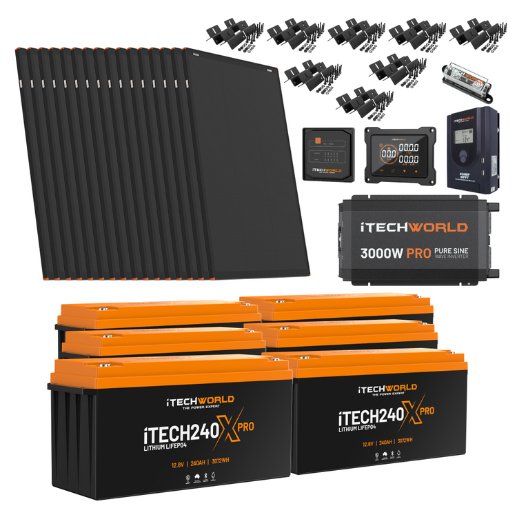 The iTechworld Off Grid System | 18.43kWh is a complete lithium power solution featuring solar panels, cables, connectors, a charge controller, iTech240X Pro batteries, a 3000W power inverter, and other essential solar system components—ideal for your 12V build or off-grid setup.