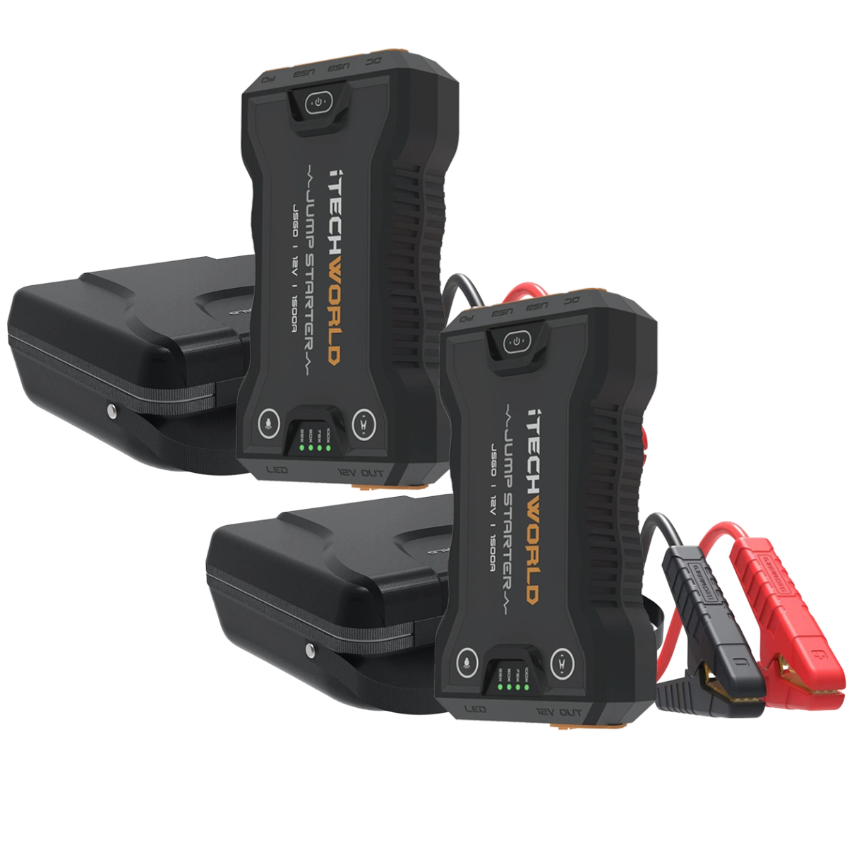 Two iTechworld JS60 1500A Bundle lithium jump starters and backup power banks, each with attached red and black cables, are placed in front of their heavy-duty black cases on a white background.