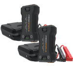 Two iTechworld JS60 1500A Bundle lithium jump starters and backup power banks, each with attached red and black cables, are placed in front of their heavy-duty black cases on a white background.