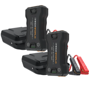 Two iTechworld JS60 1500A Bundle lithium jump starters and backup power banks, each with attached red and black cables, are placed in front of their heavy-duty black cases on a white background.