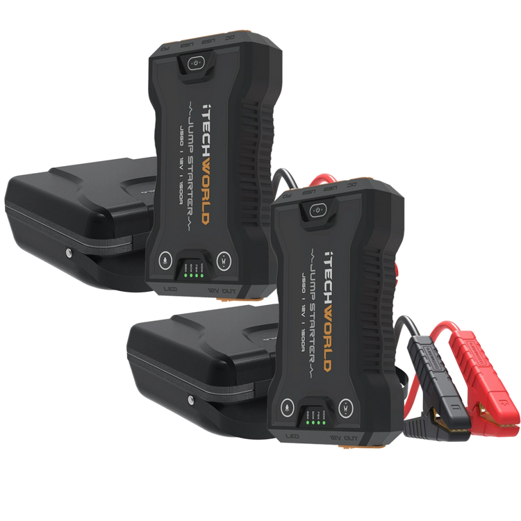 Two iTechworld JS60 1500A Bundle lithium jump starters and backup power banks, each with attached red and black cables, are placed in front of their heavy-duty black cases on a white background.