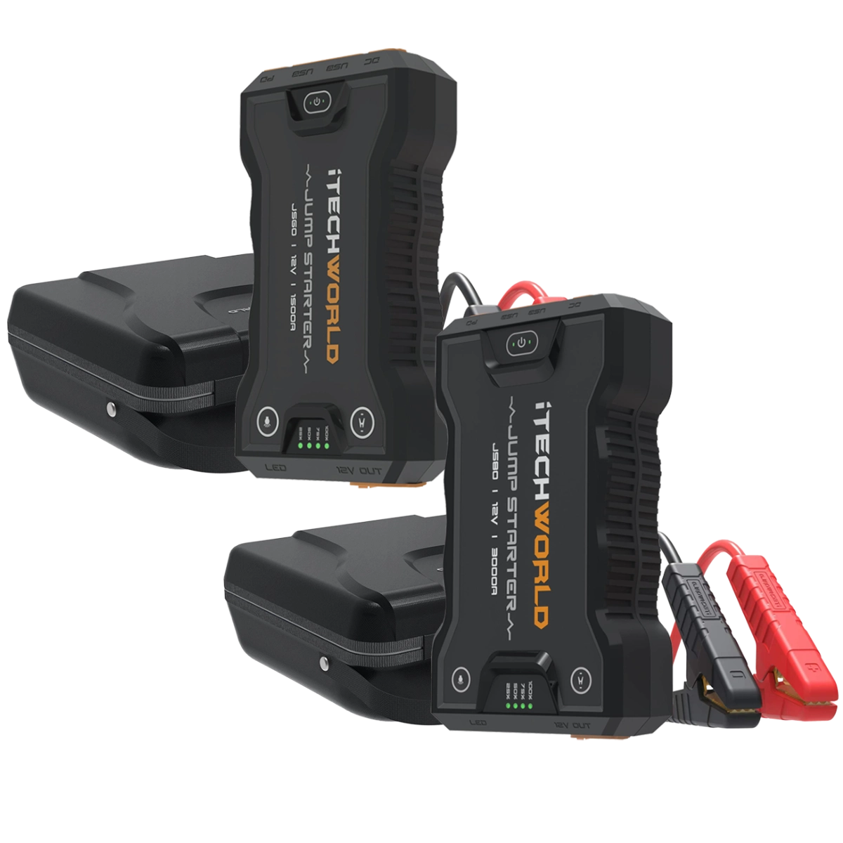 Two iTechworld JS80 + JS60 Bundle lithium jump starters and backup power banks with attached red and black cables are displayed in front of their closed heavy-duty black cases on a white background.