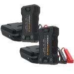 Two iTechworld JS80 + JS60 Bundle lithium jump starters and backup power banks with attached red and black cables are displayed in front of their closed heavy-duty black cases on a white background.