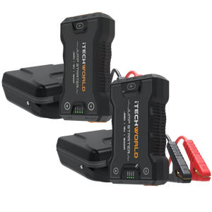 Two iTechworld JS80 + JS60 Bundle lithium jump starters and backup power banks with attached red and black cables are displayed in front of their closed heavy-duty black cases on a white background.