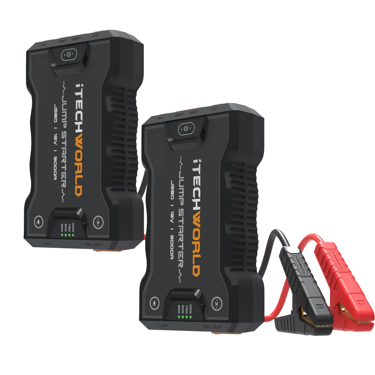 Two iTechworld JS80 3000A Bundle devices are shown. One lithium jump starter and backup power bank has attached red and black jumper cables. Both products feature digital displays and orange lettering on the front. The background is light gray.