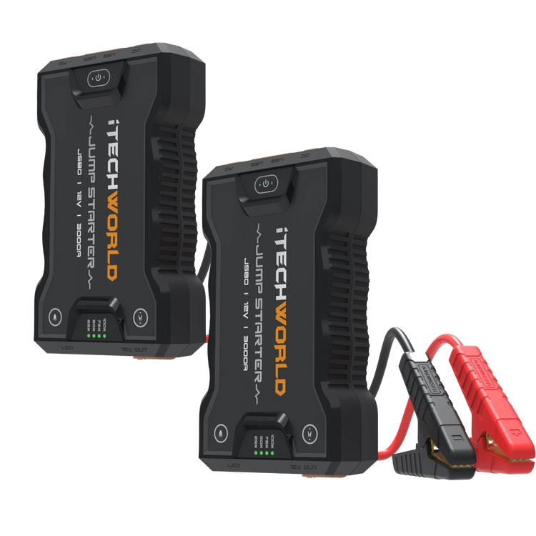 Two iTechworld JS80 3000A Bundle devices are shown. One lithium jump starter and backup power bank has attached red and black jumper cables. Both products feature digital displays and orange lettering on the front. The background is light gray.