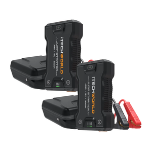 Two iTechworld JS80 3000A Lithium Jump Starter and Power Bank units with digital displays and cables are displayed at an angle, cases behind them. This heavy-duty twin pack is perfect for backup power and jump starting.