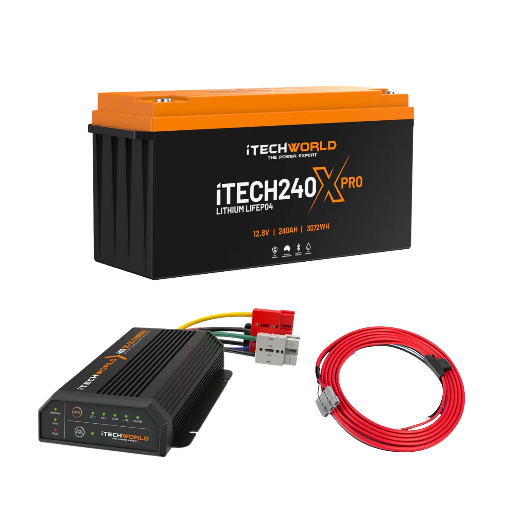 The iTechworld Base 4WD Dual Battery Kit 240Ah Lithium, including a black power inverter and red cable, is shown on a white background—essential gear from iTechworld for powering your 4WD adventures.