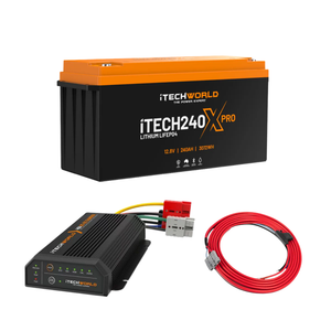 The iTechworld Base 4WD Dual Battery Kit 240Ah Lithium, including a black power inverter and red cable, is shown on a white background—essential gear from iTechworld for powering your 4WD adventures.