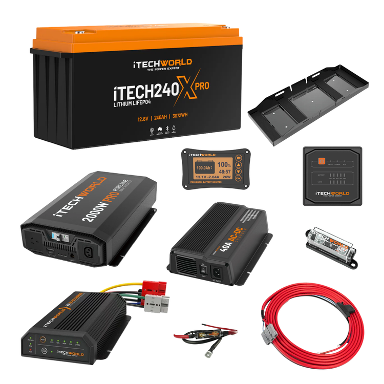 The iTechworld Complete 4WD Dual Battery Kit features a 240Ah lithium battery, inverter, display, charger, fuse, wiring, and brackets—ideal for reliable off-grid power in your 4WD.