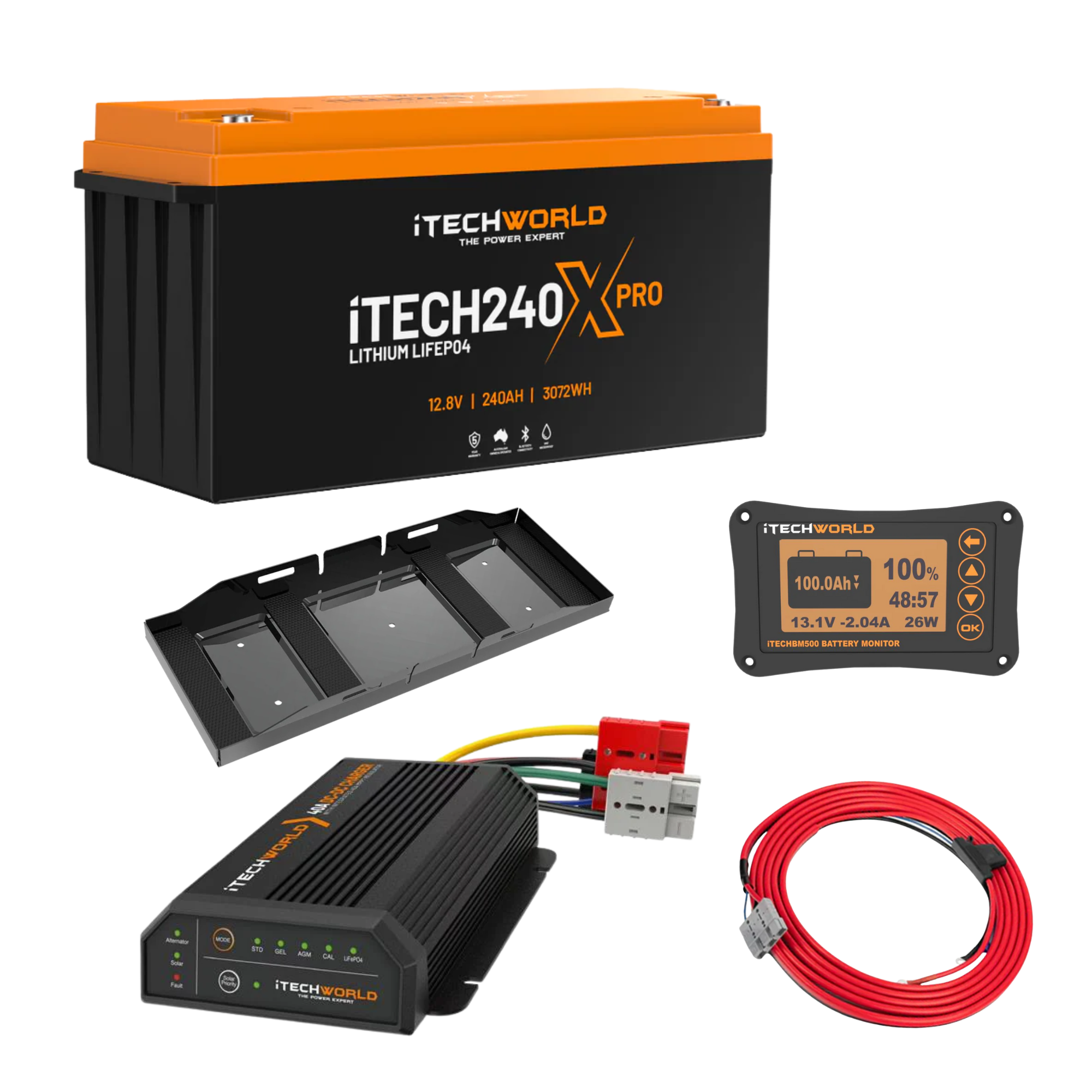 The iTechworld Premium 4WD Dual Battery Kit offers a 240Ah LiFePO₄ battery in orange/black casing, battery monitor display, charger, mounting brackets, power cables, and connectors—all branded by iTechworld—ideal for off-grid setups.
