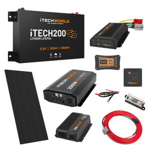 The iTechworld Ultimate Super Slimline 4WD Dual Battery Kit (200Ah Lithium) with solar panel, charger, cables, and power system modules is displayed on a white background.