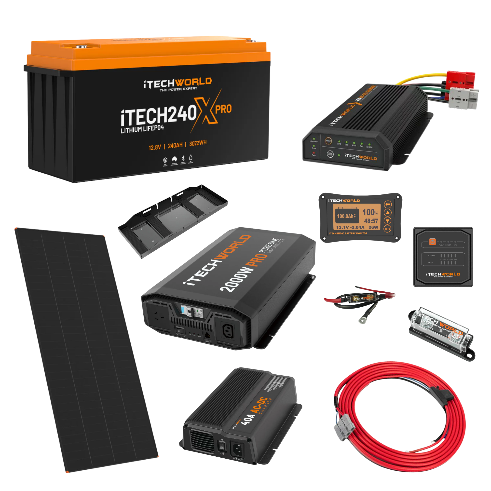 The iTechworld Ultimate 4WD Dual Battery Kit (240Ah Lithium) includes a LiFePO₄ battery, pure sine wave inverter, solar panel, charger, display screens, cables, and connectors—all displayed on a white background.