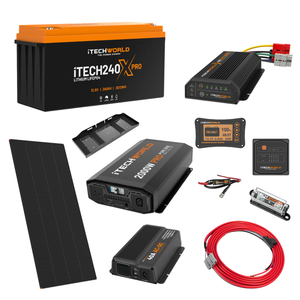 The iTechworld Ultimate 4WD Dual Battery Kit (240Ah Lithium) includes a LiFePO₄ battery, pure sine wave inverter, solar panel, charger, display screens, cables, and connectors—all displayed on a white background.