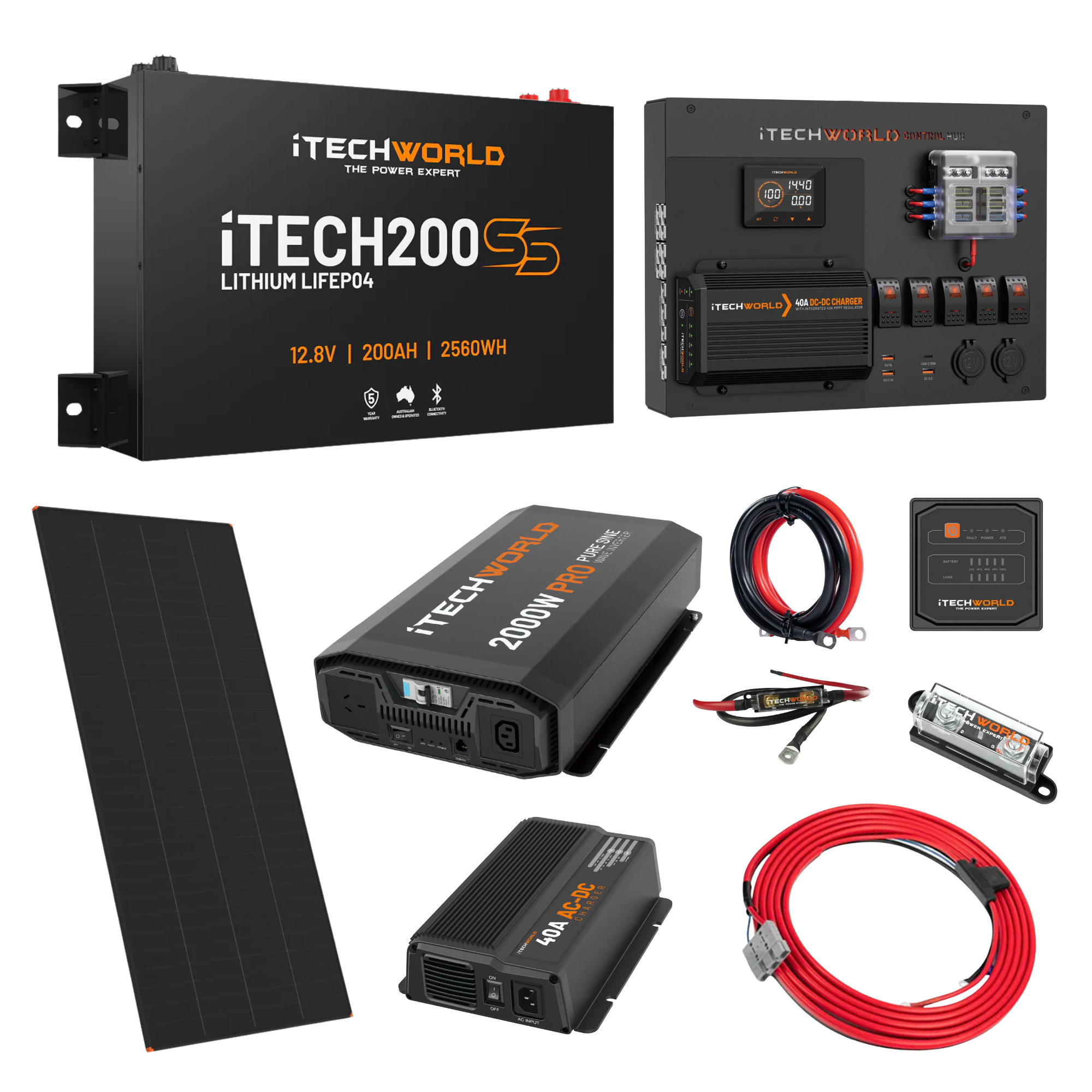 The iTechworld Expansion Super Slimline 4WD Dual Battery Kit (200Ah Lithium) includes a sleek battery, control panel, solar panel, inverter, charger, cables, fuse, and display—ideal for off-grid 4WD solar setups.