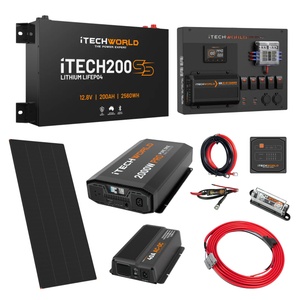 The iTechworld Expansion Super Slimline 4WD Dual Battery Kit (200Ah Lithium) includes a sleek battery, control panel, solar panel, inverter, charger, cables, fuse, and display—ideal for off-grid 4WD solar setups.