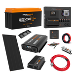 The iTechworld Expansion 4WD Dual Battery Kit (240Ah Lithium) by iTechworld includes a lithium battery, pure sine wave inverter, solar panel, control panel, cables, fuses, and mounting hardware—displayed on a white background.