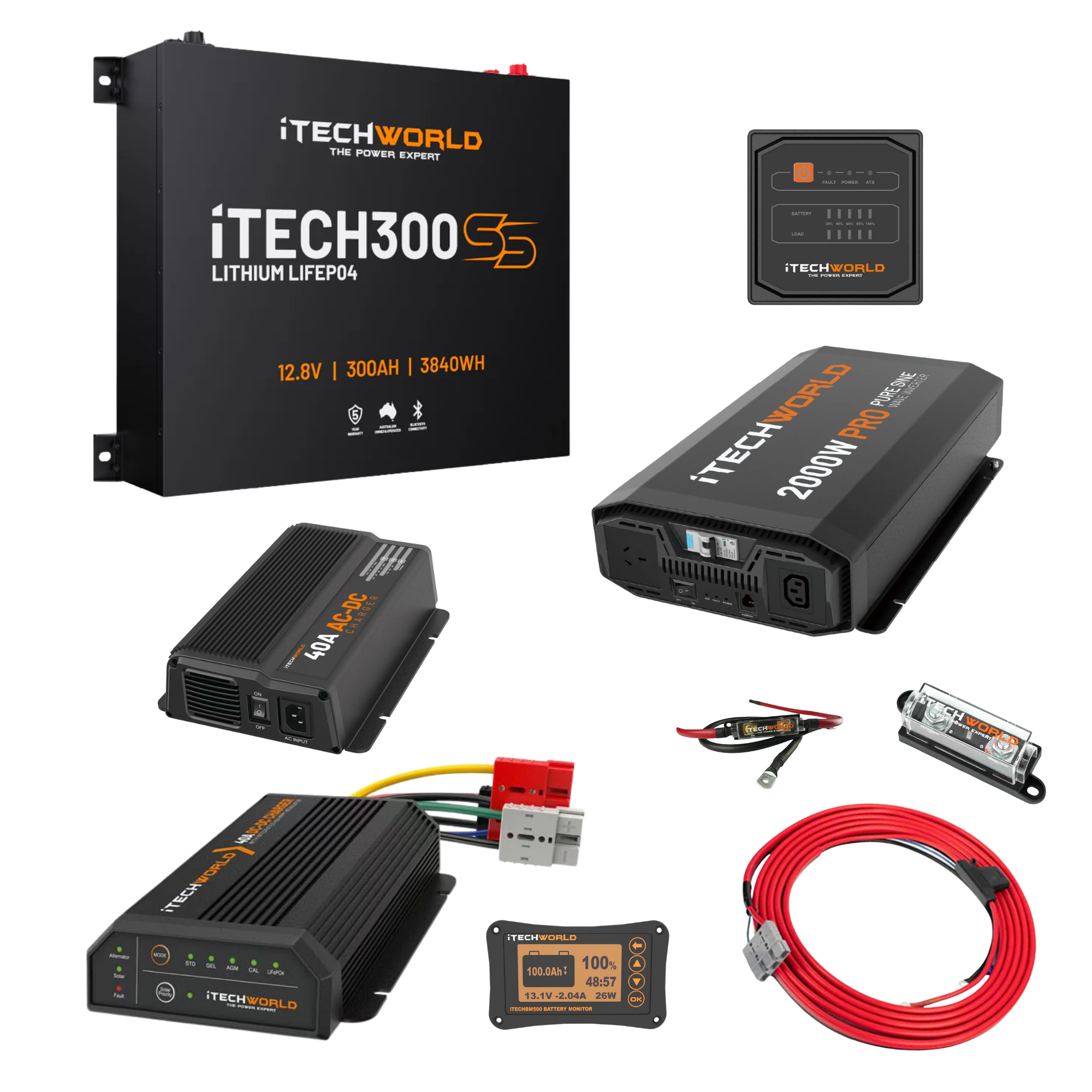 The iTechworld Complete Super Slimline Canopy Dual Battery Kit (300Ah Lithium) includes inverter, charger, meter display, cables, fuse, wiring, and connectors—perfect for an off-grid power setup and shown on a white background.