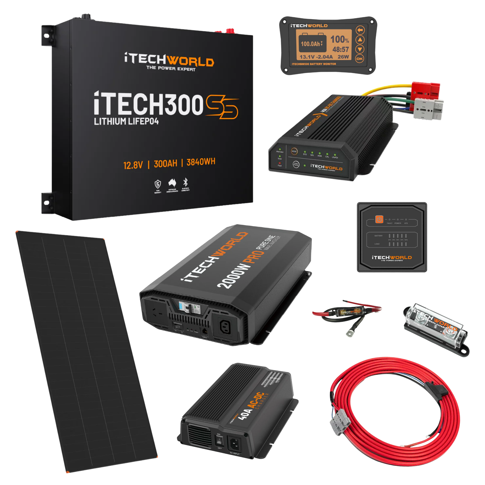The iTechworld Ultimate Super Slimline Canopy Dual Battery Kit offers a 300Ah lithium system with pure sine wave inverter, solar panel, cables, fuse, monitor display, and connectors—ideal for efficient canopy power solutions.