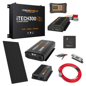The iTechworld Ultimate Super Slimline Canopy Dual Battery Kit offers a 300Ah lithium system with pure sine wave inverter, solar panel, cables, fuse, monitor display, and connectors—ideal for efficient canopy power solutions.