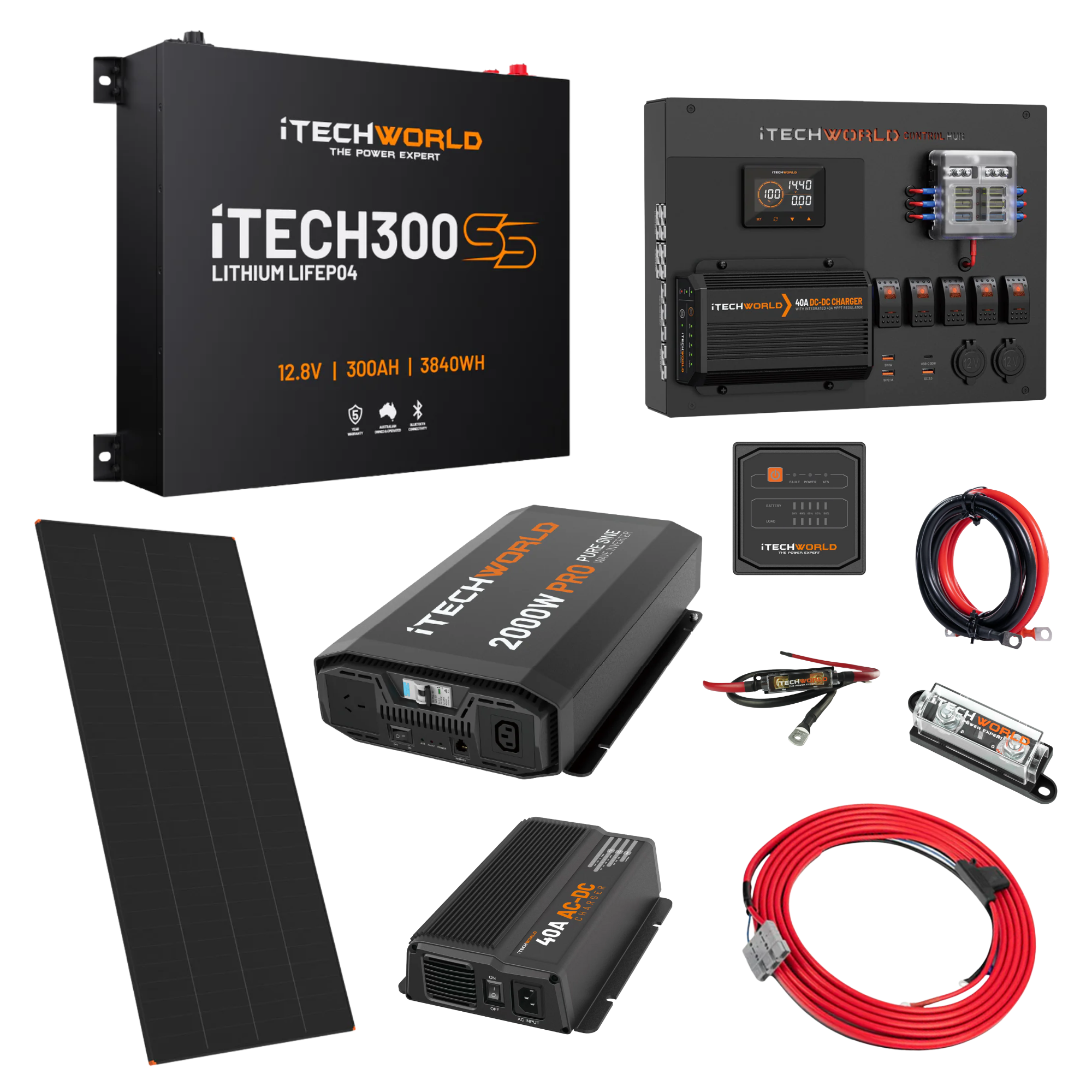 The iTechworld Expansion Super Slimline Canopy Dual Battery Kit (300Ah Lithium) is a complete off-grid solar solution with charge controller, panel, inverter, cables, fuse, alligator clips, mounting hardware & monitoring display—all iTechworld branded.