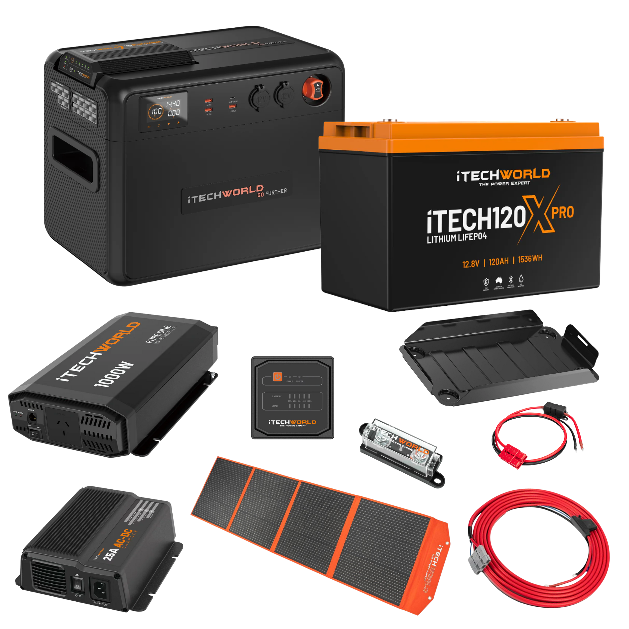 The iTechworld Ultimate Portable Dual Battery Kit (120Ah Lithium) includes an off-grid power station, LiFePO4 battery, inverter, solar panel, charge controller, cables, and mounting hardware by iTechworld on a white background.