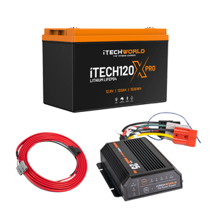The iTechworld Base Ute Dual Battery Kit (120Ah Lithium) includes a black and orange lithium battery, DCDC MPPT charger, and red coiled wire—perfect for your ute’s lithium power system or off-grid applications.